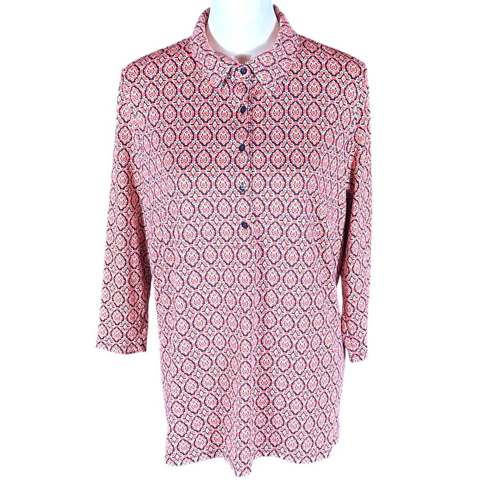 Talbots Tunic Top Women 1X Coral Navy Geometric Medallion 3/4 Sleeve Stretch - Picture 2 of 9